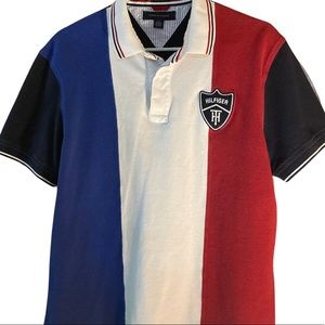 Tommy Hilfiger Polo Red White & Blue Colour Block Striped Shirt Men’s Large
